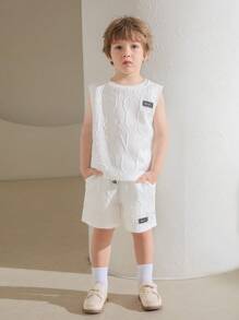 SHEIN Leap Crew Young Boy Letter Patched Detail Tank Top & Drawstring Waist Shorts - White - View 5