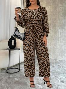 Flirla Plus Size Kvinnor Leopard Print Crew Neck Dragsko Jumpsuit - Kaffebrun - Visa 7