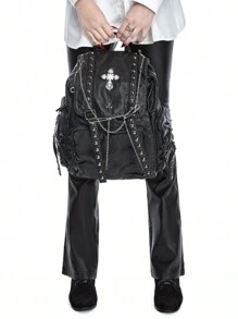 ROMWE Grunge Punk Balo phong cách Goth Unisex có mặt thánh giá, sức chứa lớn, Balo đinh tán Punk cổ điển, thích hợp đi học - màu đen - Xem 6