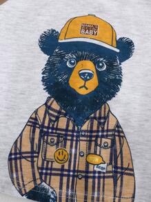 Cozy Pixies Baby Boy Cartoon Bear Pattern Contrast Color Crew Neck Raglan Pullover Sweatshirt, Soft & Comfortable, Suitable For Layering Or Outerwear In Spring, Autumn & Winter