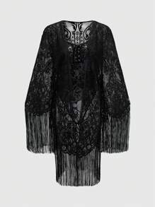 ROMWE Goth Gothic Floral Flocked Jumpsuit Wrap Top & Sexy Lingerie Set