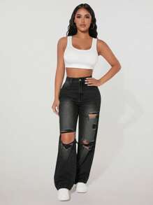 SHEIN PETITE Women Simple Washed Daily Ripped Slant Pocket Jeans - Black - View 4