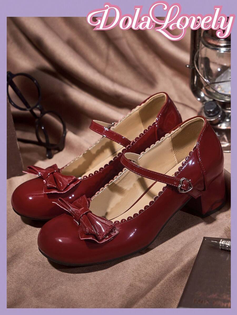 Dola Lovely 女士优雅蝴蝶结装饰时尚日常约会夜高跟鞋秋季勃艮第高跟鞋新年假期 - 酒紅色 - 查看 1