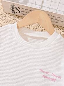 2 peças/conjunto Pijama com estampa de letras confortável para meninas com Top de manga curta de cor contrastante e calça larga