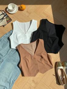 Comfortcana Set de 3 chalecos de mujer de solapa en V de un solo pecho en colores lisos para otoño/invierno - Multicolor - Ver 3