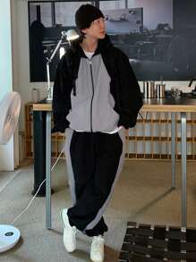 DAZY Men Solid Color Splicing Front Zipper Hoodie Jacket And Pants Casual Suit