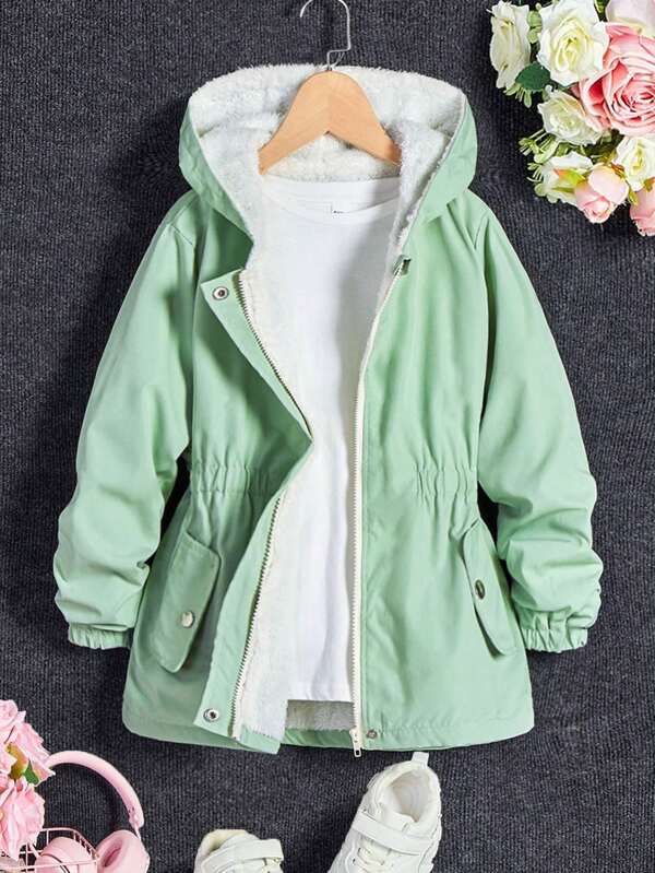 SHEIN Tween Girl Mint Green Hooded White Thermal Lined Waist Gathered 2 Pocket Padded Coat