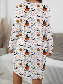 SHEIN LUNE 大码女式休闲长袖圆领及膝南瓜星星图案连衣裙，秋季万圣节服装连衣裙 - 白色 - 查看 2