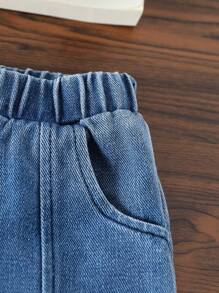 SHEIN Bộ áo dài tay màu trơn + quần denim xếp nếp cho bé gái - Màu be - Xem 4