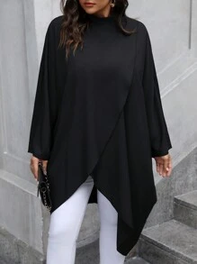 Flirla Blusa de manga larga informal con bajo asimétrico de unicolor para mujeres talla grande - Negro - Ver 6