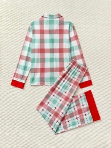 Garabateo Artist Plaid & Floral Flower Print Long Sleeve Top & Pants Warm Pajamas Set, For Holiday, Spring & Summer, Going Out