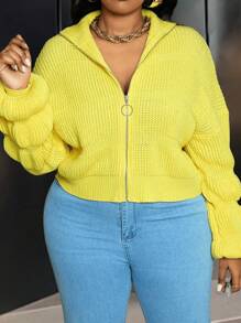 Slaydiva Plus Elegant Daily Casual Solid Yellow Knitted Zip-Up Long Sleeve Sweater, Shortened Style, For Women, Autumn And Winter - Z - Yellow - View 3