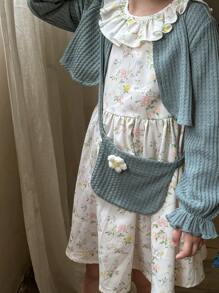 SHEIN LMoss Kids LMoss Young Girl Young Girl Young Girl 2pcs Set: Solid Color Knitted Cardigan With Puff Sleeves & Woven Ditsy Floral Dress With Crossbody Bag - Multicolor - View 12