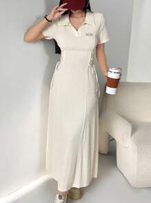 Mulvari Women's Summer Letter Print Side-Tie Waist Long Casual Dress Maxi Women Outfit Long Evening Dresses