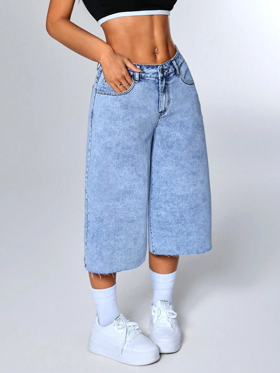 SHEIN EZwear Damen Loose Fit Jeans mit Taschen und weitem Bein, Caprihose für den Lässig-Stil - Blau - Übersicht 1