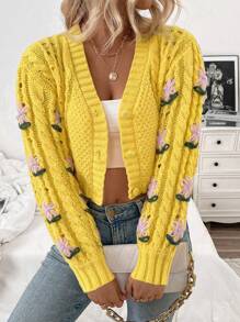 Chiquease Cardigan court, ample et lâche, tricoté avec texture de corde torsadée, style européen et américain à la mode, doux et délicat avec fleurs brodées en 3D