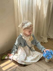 SHEIN LMoss Kids LMoss Young Girl Young Girl Young Girl 2pcs Set: Solid Color Knitted Cardigan With Puff Sleeves & Woven Ditsy Floral Dress With Crossbody Bag - Multicolor - View 7