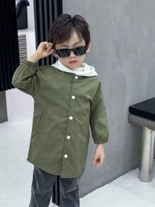 SHEIN 1pc Young Boys' Casual Long Sleeve Hooded Mid-Length Trench Coat, Suitable For Daily Wear, Breathable, Outdoor, Commuting, School, Autumn/Winter