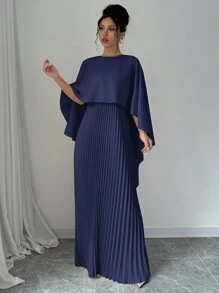 Elenzga 女士纯色褶皱简约斗篷风格优雅连衣裙 - 藏蓝色 - 查看 5