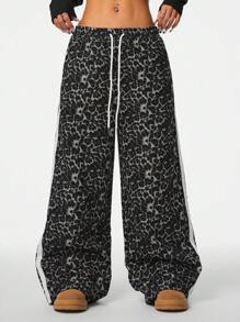 Coolane Women's Y2K Side Striped Leopard Print Drawstring Loose Wide Leg Casual Pants - Olive Green - View 6