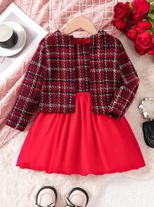 2pcs Young Girls Tweed Round Neck Jacket & Mesh Contrast Dress Set, Suitable For Parties Or Formal Occasions - Red - View 6