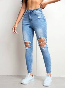 SHEIN EZwear Women Washed Distressed Denim Jeans - Light Wash - View 6