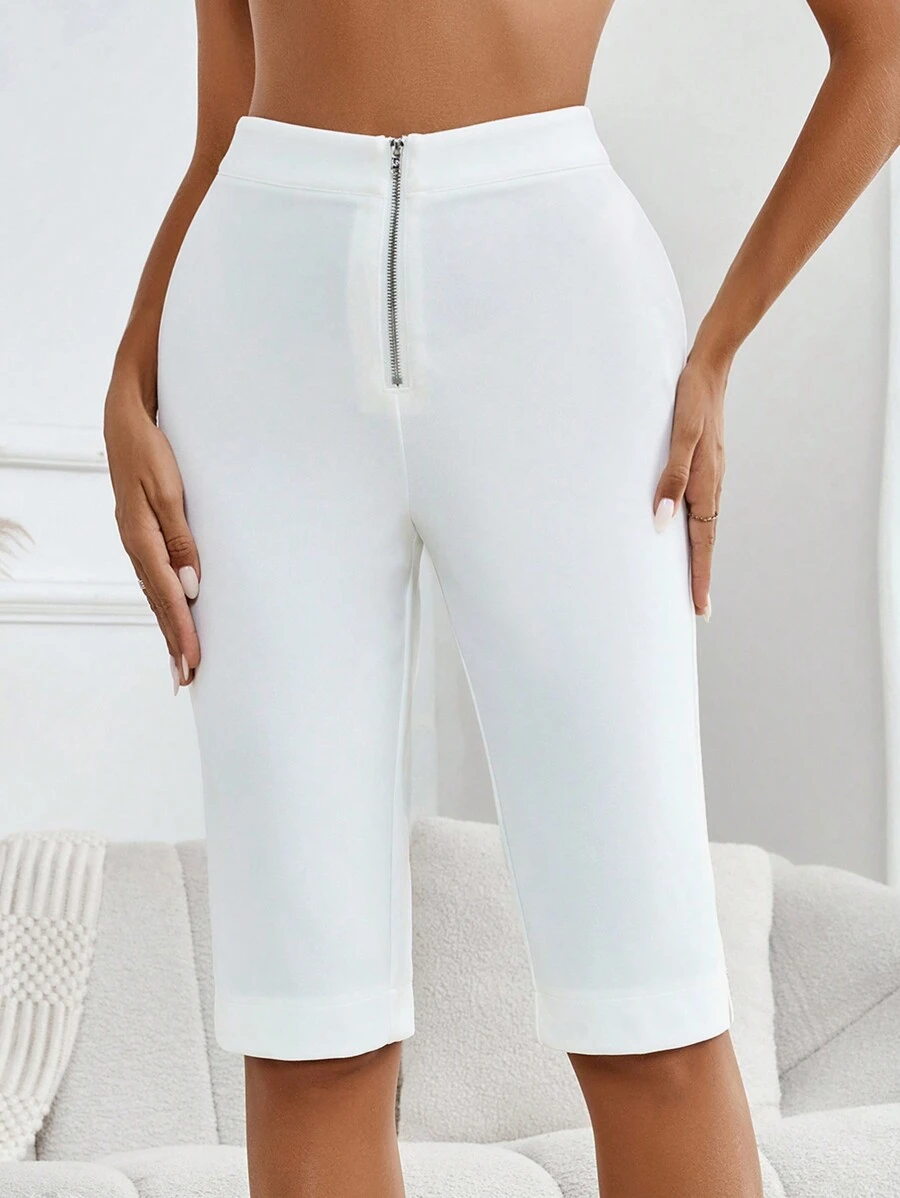 SHEIN Privé Women's Autumn Elegant White Front Zipper  Capri  Pants. Fall Pants. White Women Pants. Suitable For Casual Sports, Airport.