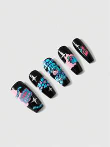 Andonella 10 piezas/set de Puntas de uñas postizas con estrellas negras y plateadas pintadas a mano por artistas, con estilo europeo y americano INS, viene con pegamento de gelatina para fiestas y el Día de San Valentín