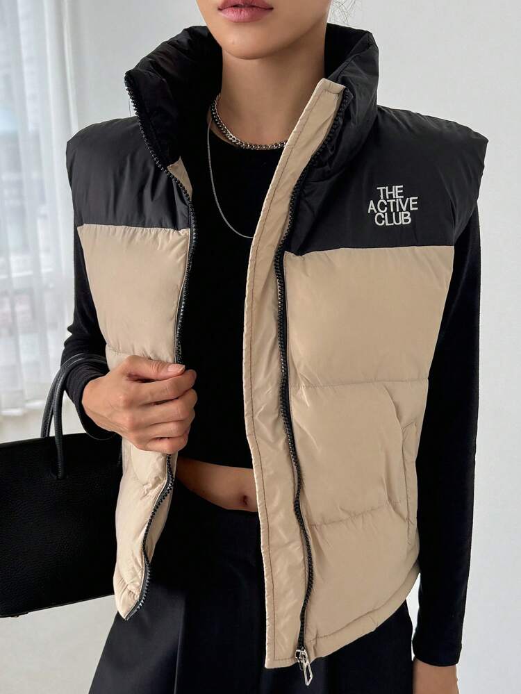 Women Casual Contrast Color Letter Padded Vest, Winter ,Winter Women Clothes,Winter Coat Women Jacket