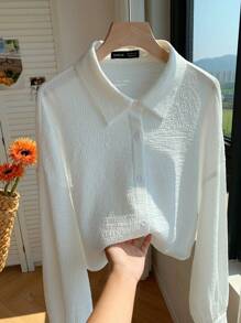 Comfortcana Women's Solid Color Shirt Collar Button Up Long Sleeve Simple Blouse, Casual Everyday Wear