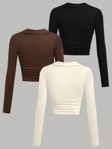 SHEIN Girlism Teen Girl 3 Piece Set Apricot, Brown, Black Crew Neck Ruched Waist Fitted Casual School Style Knit T-Shirts, Fall Top