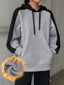 FRIFUL Áo nỉ trùm đầu màu khối cỡ lớn dành cho nữ - Xám - Xem 5