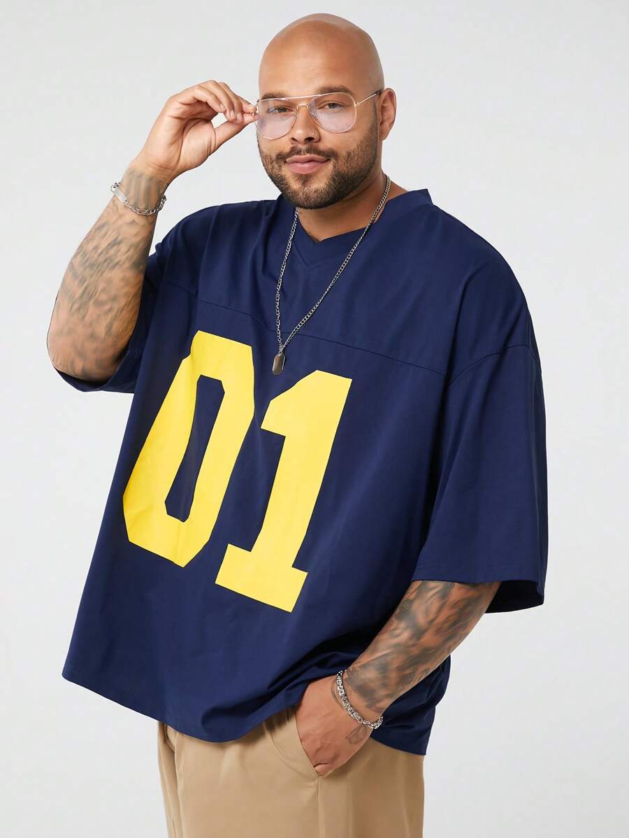 EASEVO 大码男士休闲字母图案印花宽松 V 领短袖针织 T 恤，适合夏季运动、外出 - 藍色 - 查看 1