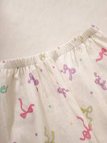 2 件套少女杏色人造丝蝴蝶结丝带印花长袖开衫和长裤休闲舒适睡衣度假旅行休闲夏装 - 杏色 - 查看 6