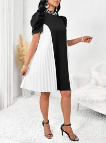 SHEIN Lady Vestido de invitada de boda Elegante y estiloso para mujer, mono de manga abombada media longitud con puntos de malla negra y blanca y con aplicaciones de cuentas - Negro - Ver 6