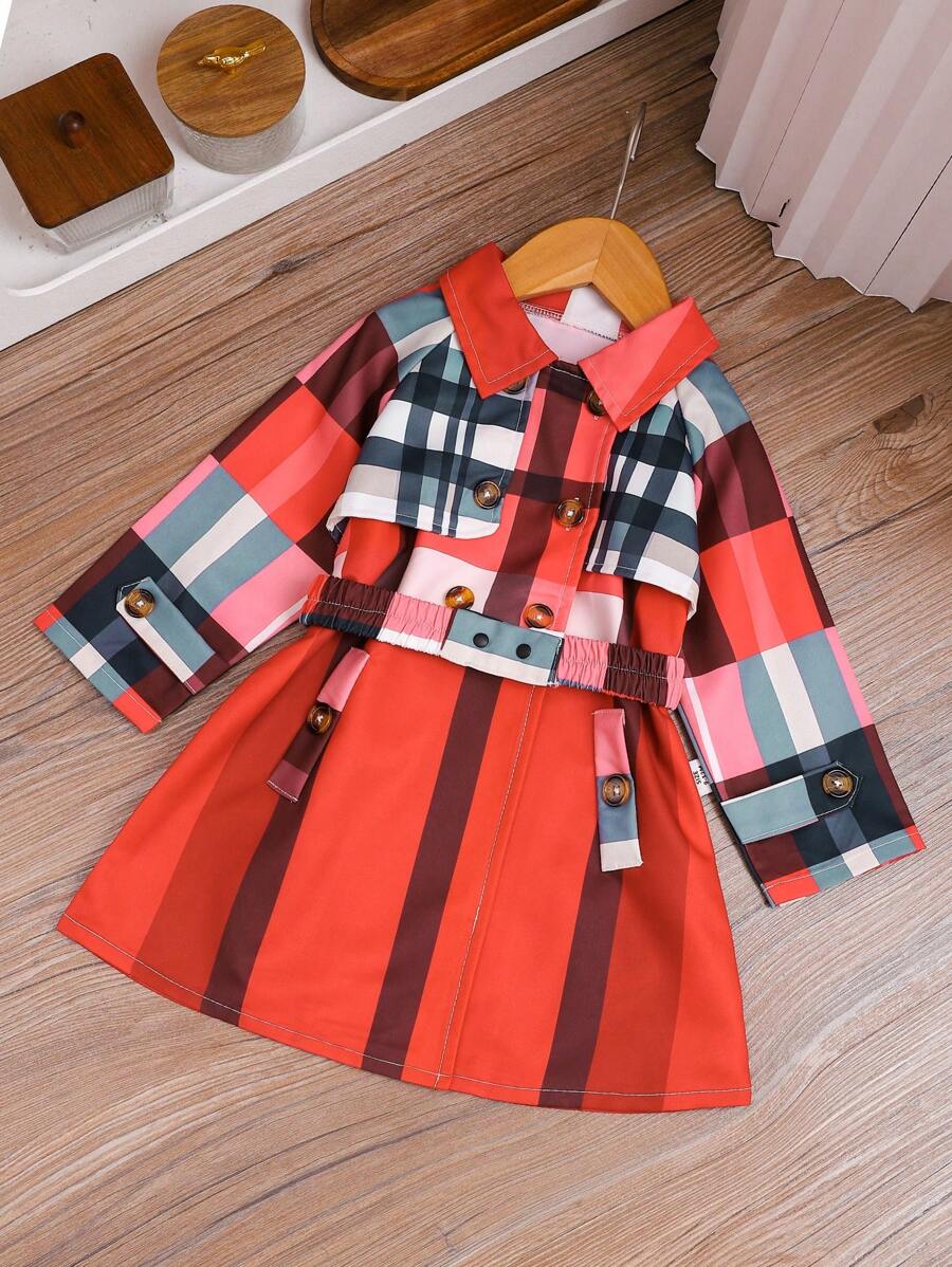 女宝宝格子拼布长袖纽扣前翻领风衣，休闲日常穿着 - 紅色 - 查看 1