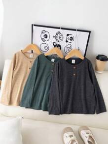 SHEIN 3 chiếc áo thun dệt kim tay dài màu trơn cổ tròn rộng rãi thoải mái cho bé trai và bé gái tuổi teen, mua 1 tặng 2, thích hợp mặc đi học, làm vườn, bãi biển, sinh nhật, xuân/hè/thu/đông - Nhiều màu - Xem 7