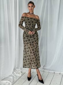 SHEIN Essnce 2024 Spring & Summer New Floral Print Ruched Shoulder & Waist Slim Fit Off-Shoulder Long Sleeve Dress For Women - Green - View 3