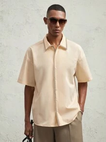 AKNOTIC Business Casual Herren Lose Passende Lässig Hemd mit Drop Shoulder Kurzarm, Geeignet für den Sommer