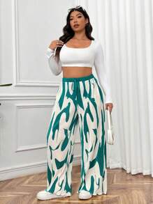 SHEIN EZwear 大码女式高腰扎染印花褶皱阔腿宽松裤 - 綠色 - 查看 4