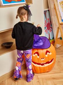2pcs/Set Girls Cute Ghost Print Sweatshirt & Pumpkin Ghost Legging Pants, Halloween Outfit