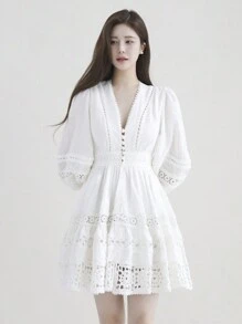 DAZY Ladies Lace Patchwork Elegant Midi Dress,Ruffle,Fall Dress Long Sleeve Dress