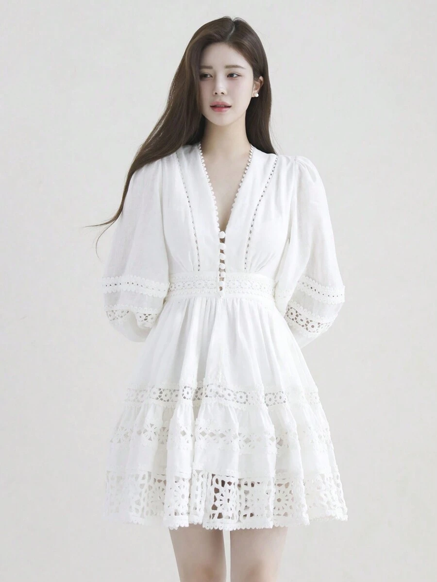 DAZY Ladies Lace Patchwork Elegant Midi Dress,Ruffle,Fall Dress Long Sleeve Dress