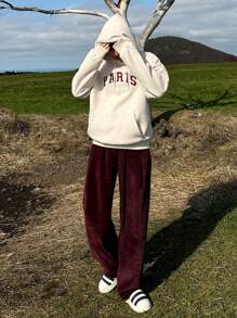 DAZY 男士字母刺绣长袖连帽衫，带口袋，秋季休闲日常穿着 - 米色 - 查看 5