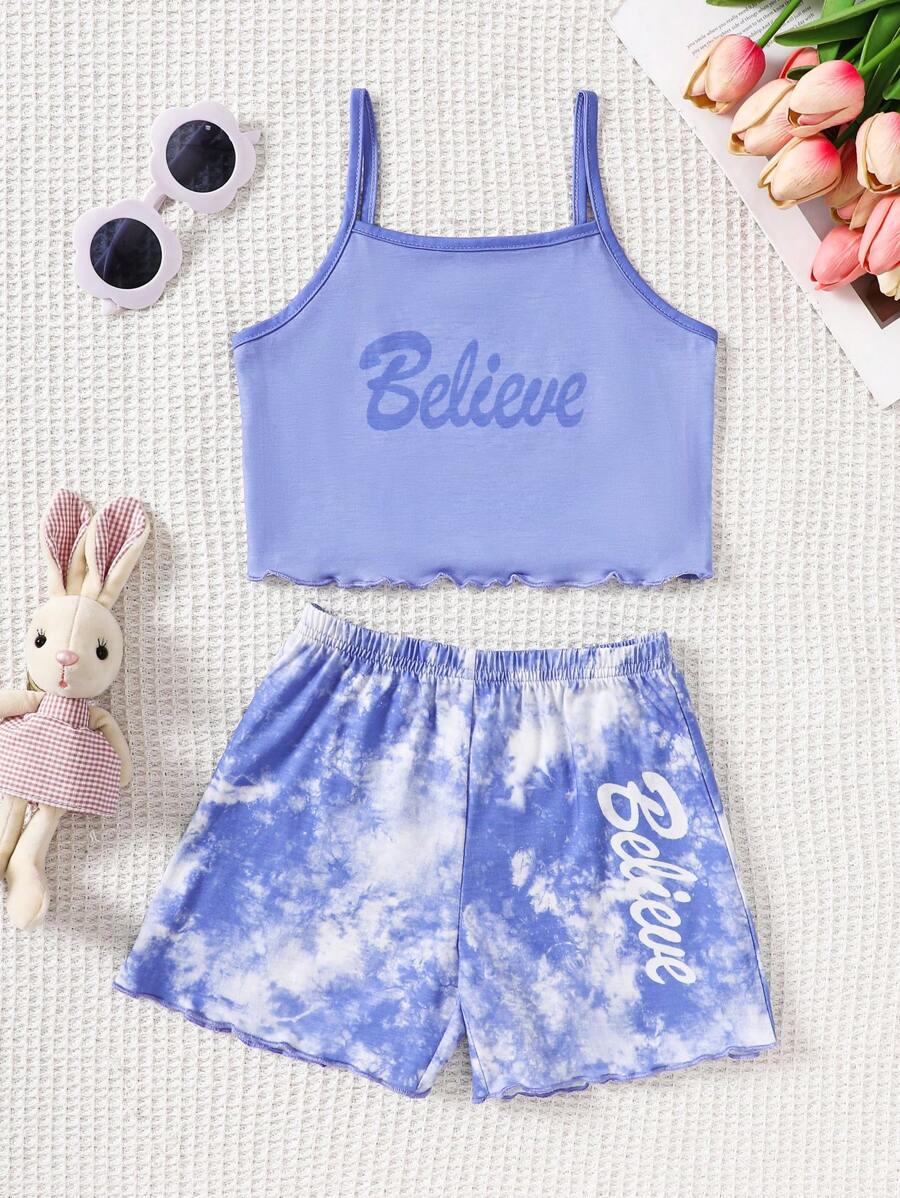 SHEIN Bộ đồ ngủ 2 mảnh in chữ Tie-Dye thoải mái cho bé gái mùa hè và quần short - Màu xanh lam - Xem 1