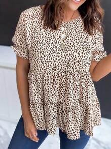 INAWLY Women's Casual Round Neck Short Sleeve Allover Print T-Shirt - Khaki - View 1