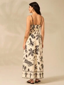 CAJUNI 女士波西米亚风印花、热带椰子树、豹纹、菠萝黑色印花、露背米色超长连衣裙、夏季休闲、海滩度假连衣裙 - 彩色 - 查看 2