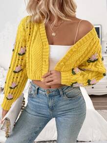 Chiquease Cardigan court, ample et lâche, tricoté avec texture de corde torsadée, style européen et américain à la mode, doux et délicat avec fleurs brodées en 3D