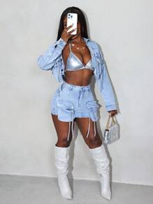 Slaydiva Áo khoác denim dài tay giản dị có túi nút phía trước màu trơn - Rửa nhẹ - Xem 7