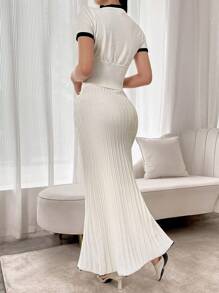 Modelyn 2pcs Women Casual Set: Color Block Button-Up Short Sleeve Blouse & A-Line Skirt - White - View 2